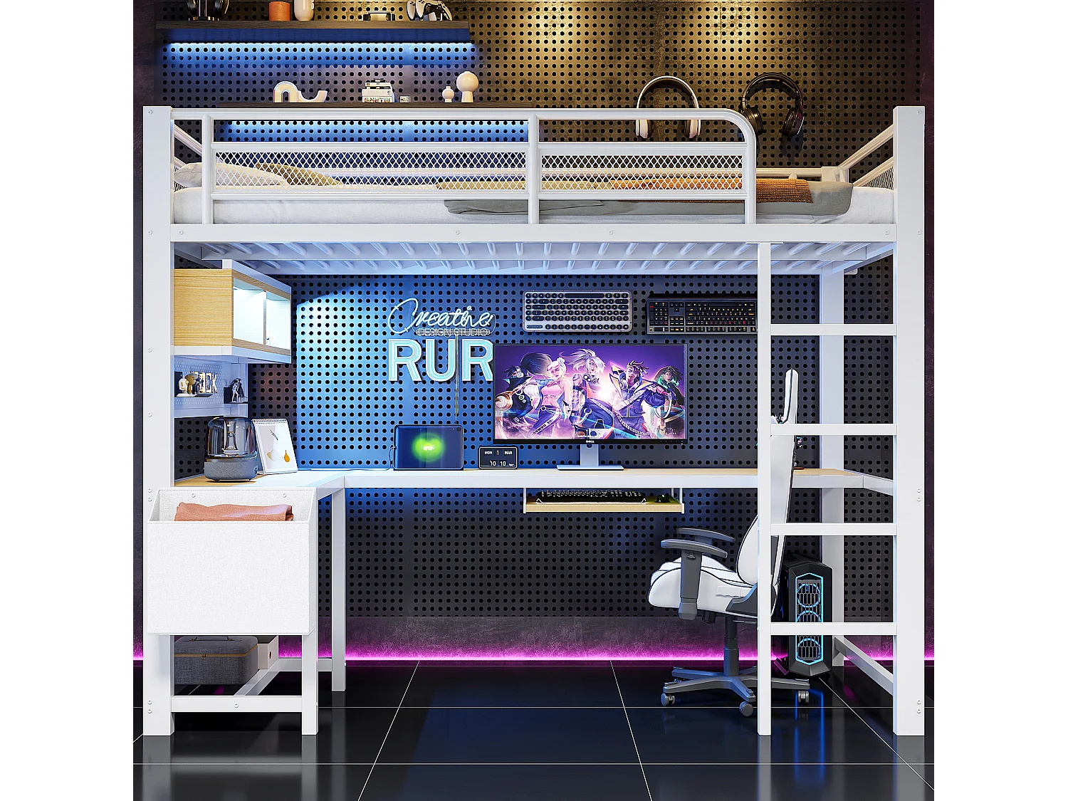 Lit mezzanine 90 x 200 cm avec bureau d'angle, rangements, LED, prises et ports USB - MDF et métal - Blanc (sans matelas)