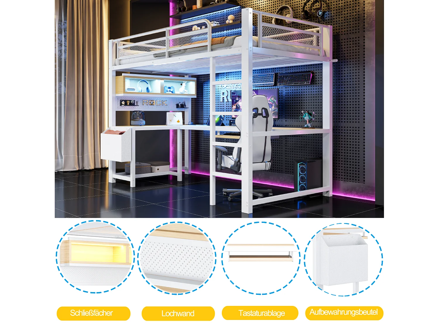 Lit mezzanine 90 x 200 cm avec bureau d'angle, rangements, LED, prises et ports USB - MDF et métal - Blanc (sans matelas)