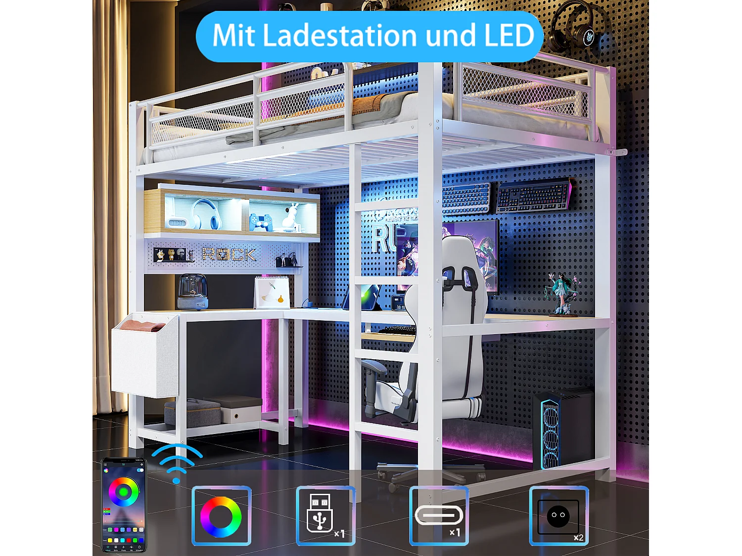 Lit mezzanine 90 x 200 cm avec bureau d'angle, rangements, LED, prises et ports USB - MDF et métal - Blanc (sans matelas)