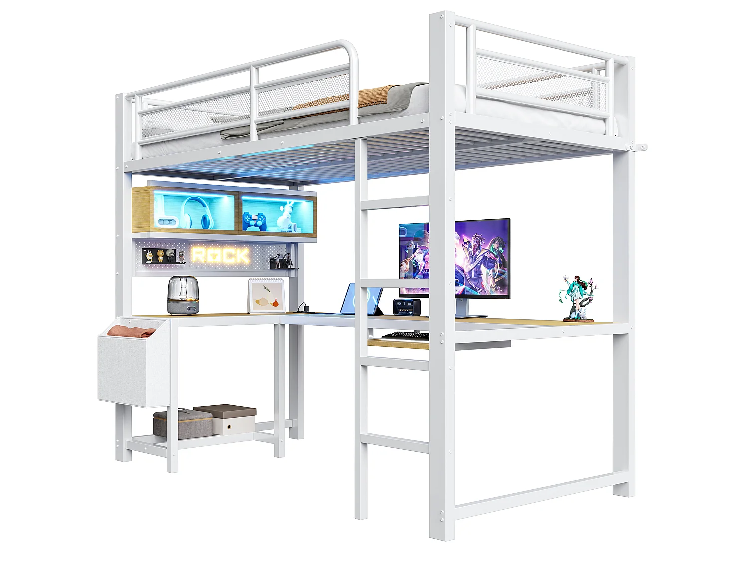 Lit mezzanine 90 x 200 cm avec bureau d'angle, rangements, LED, prises et ports USB - MDF et métal - Blanc (sans matelas)