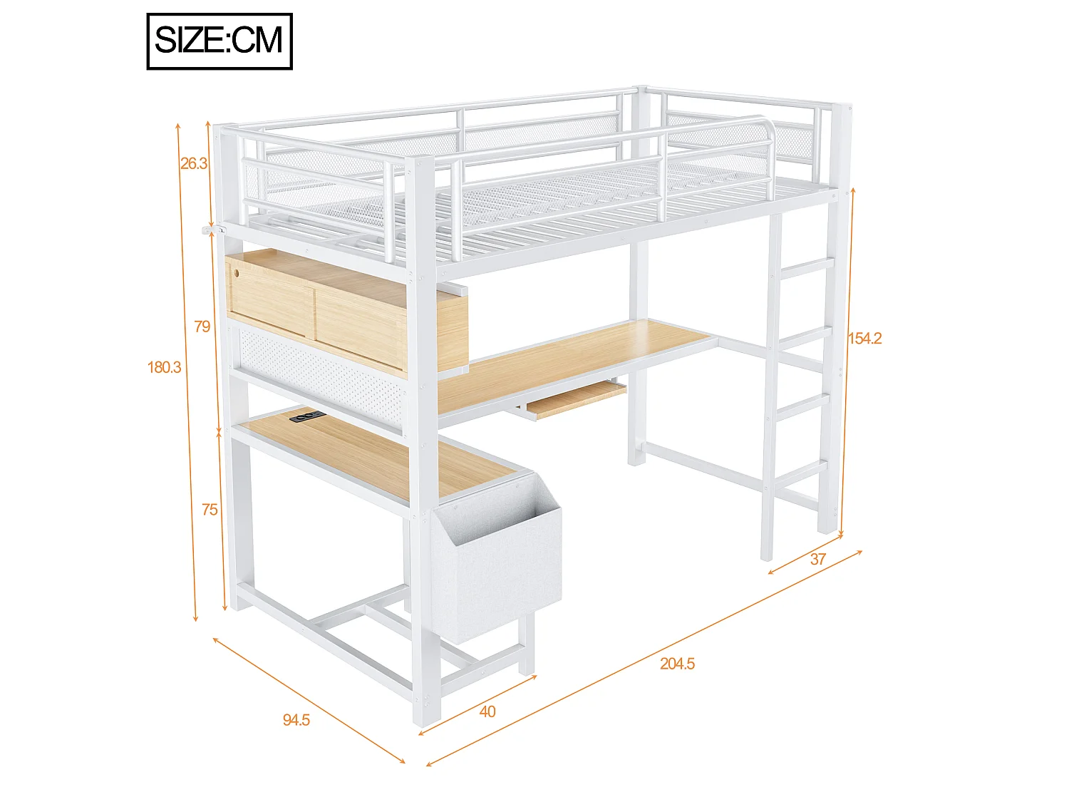 Lit mezzanine 90 x 200 cm avec bureau d'angle, rangements, LED, prises et ports USB - MDF et métal - Blanc (sans matelas)