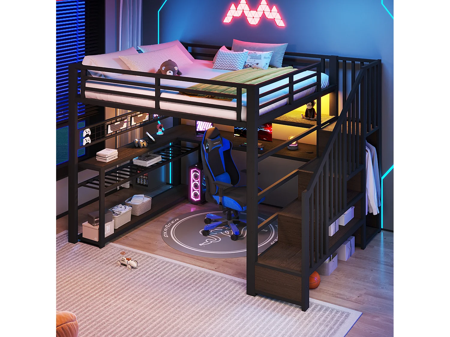 Lit mezzanine gaming en métal 140x200 avec éclairage LED - armoire - bureau et rangements - noir - 140 x 200 cm - Noir