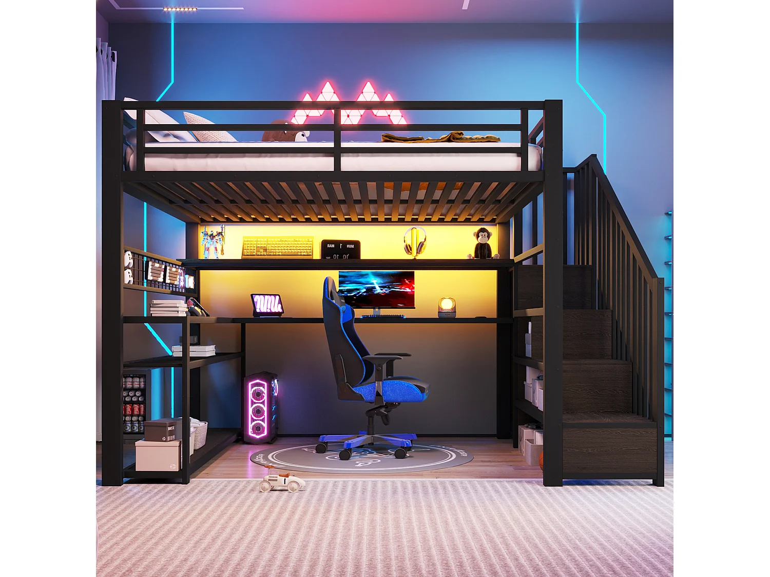 Lit mezzanine gaming en métal 140x200 avec éclairage LED - armoire - bureau et rangements - noir - 140 x 200 cm - Noir