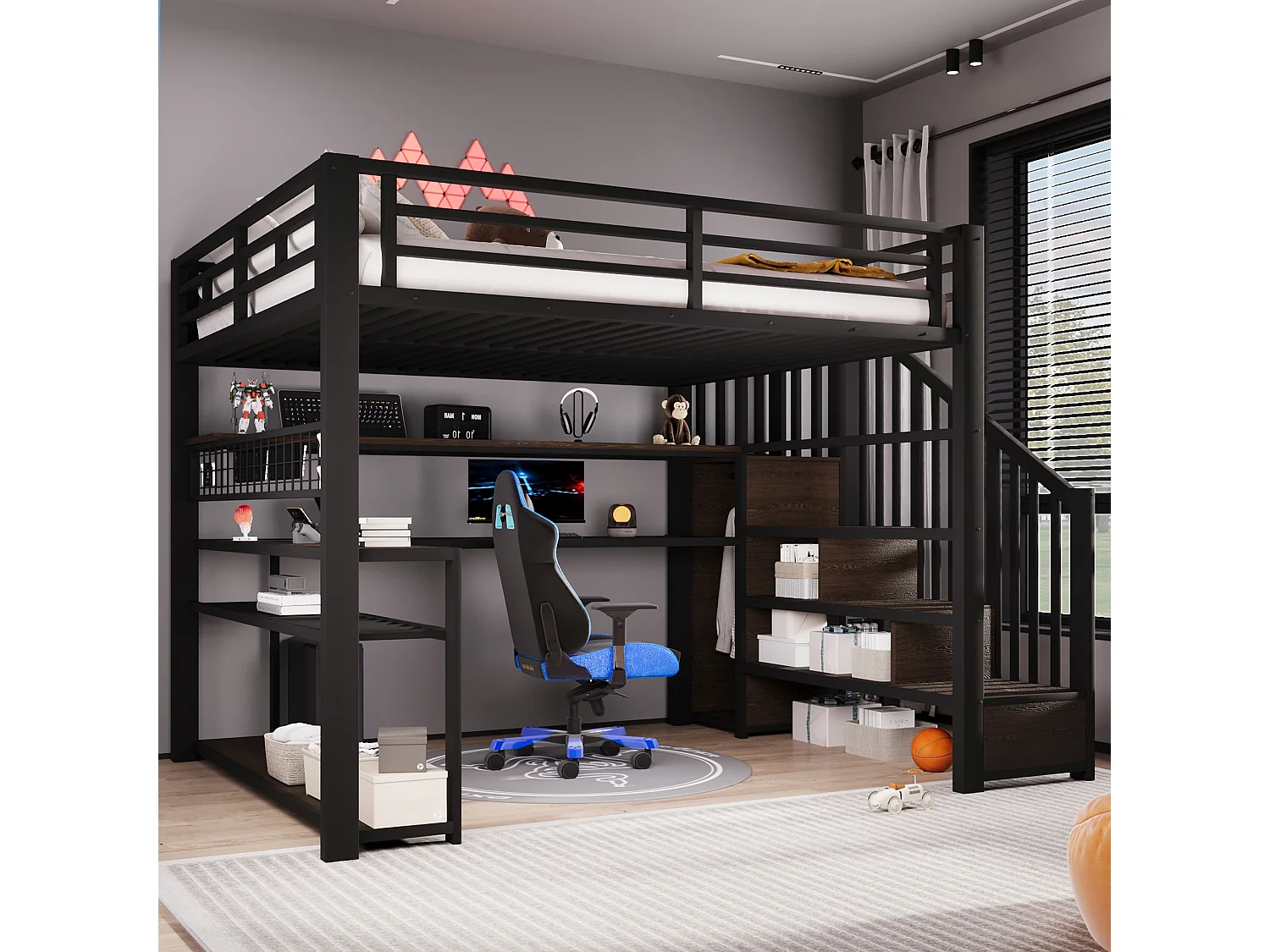 Lit mezzanine gaming en métal 140x200 avec éclairage LED - armoire - bureau et rangements - noir - 140 x 200 cm - Noir