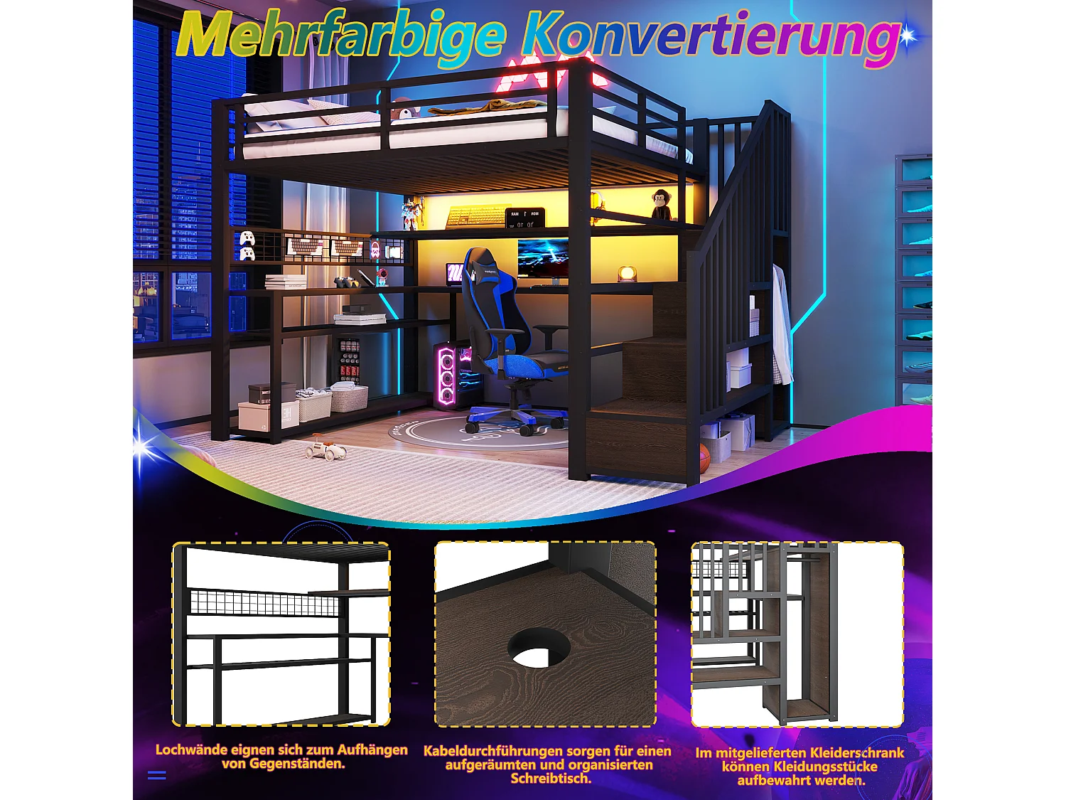 Lit mezzanine gaming en métal 140x200 avec éclairage LED - armoire - bureau et rangements - noir - 140 x 200 cm - Noir