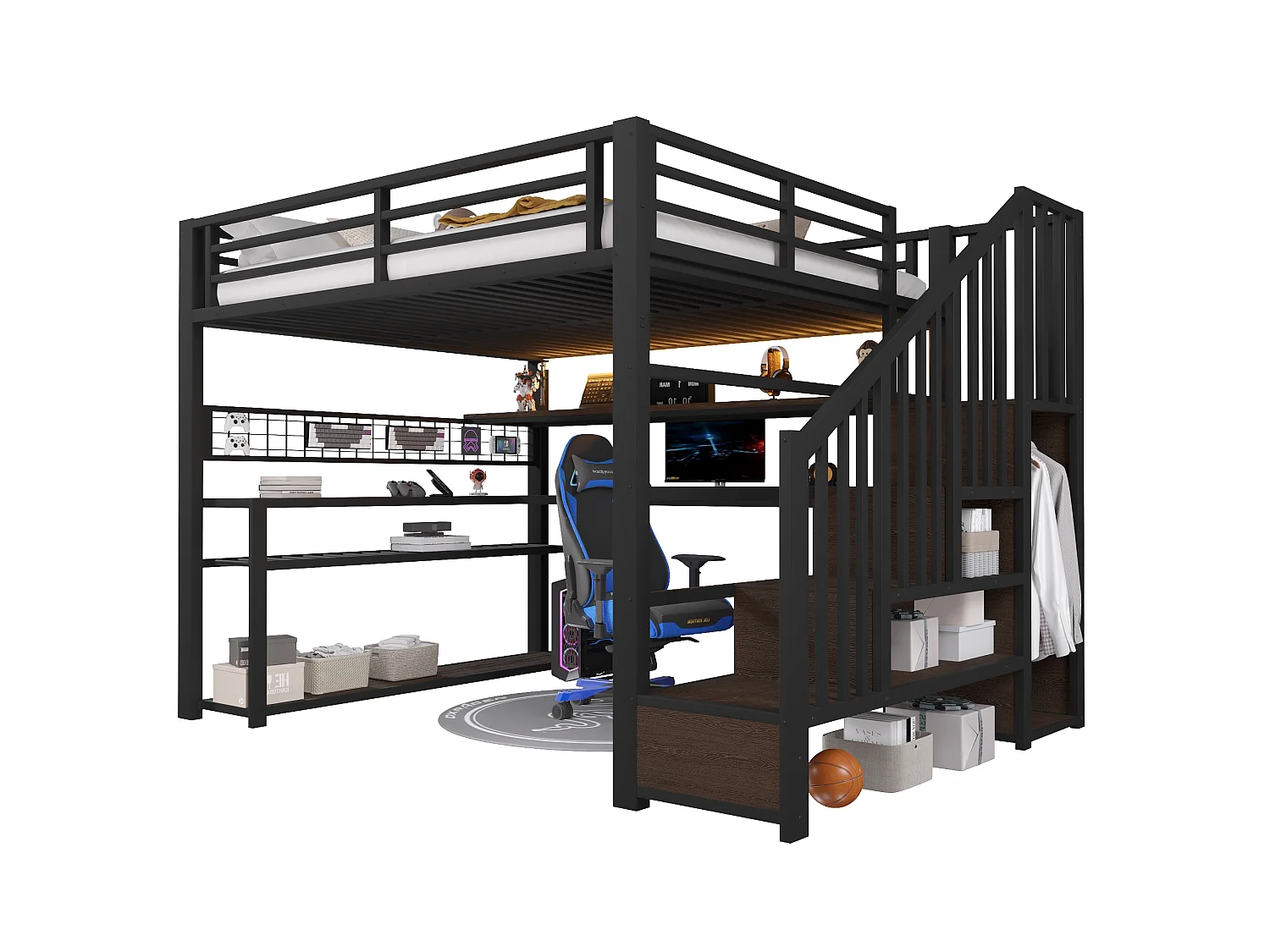 Lit mezzanine gaming en métal 140x200 avec éclairage LED - armoire - bureau et rangements - noir - 140 x 200 cm - Noir