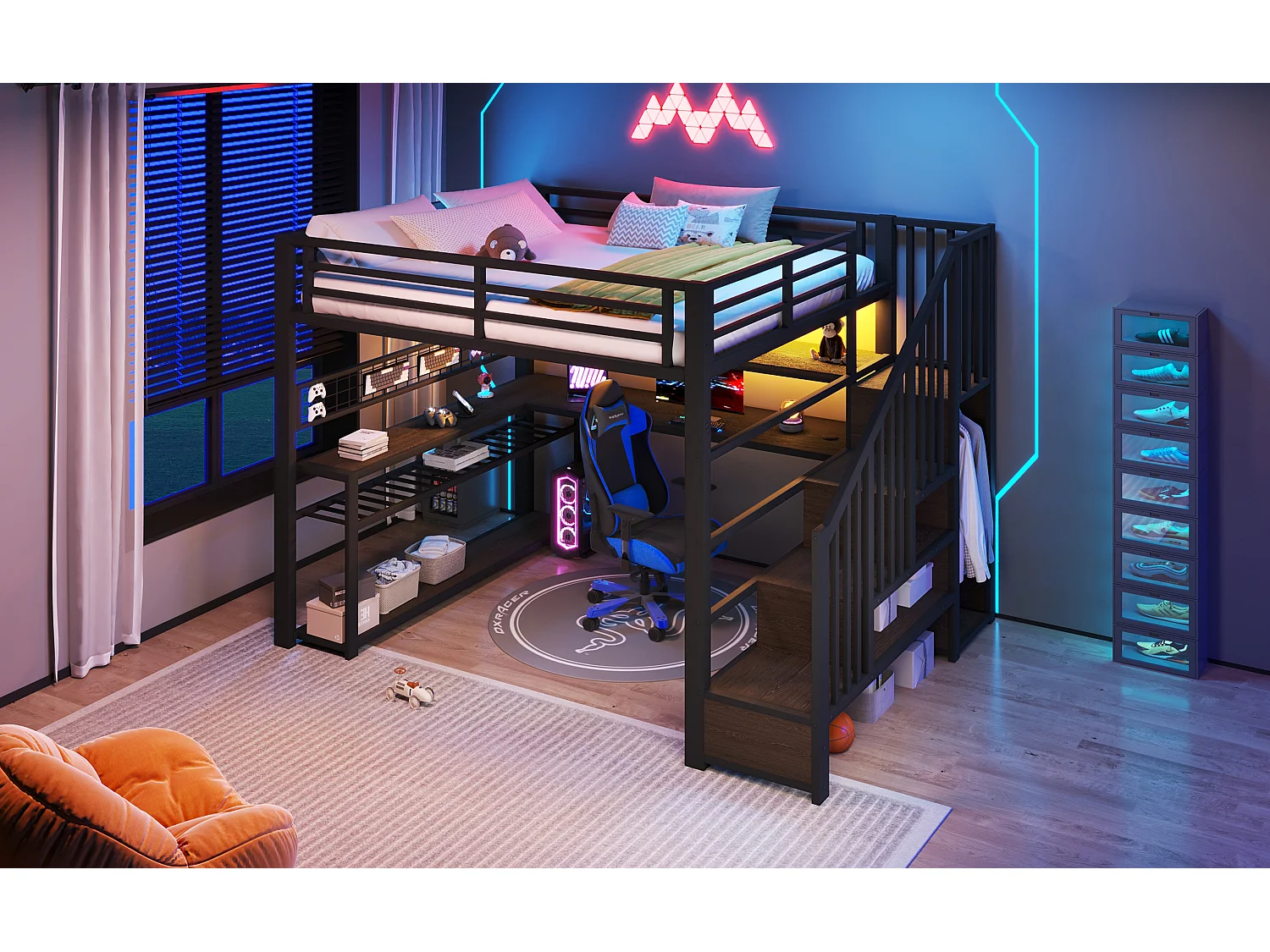 Lit mezzanine gaming en métal 140x200 avec éclairage LED - armoire - bureau et rangements - noir - 140 x 200 cm - Noir