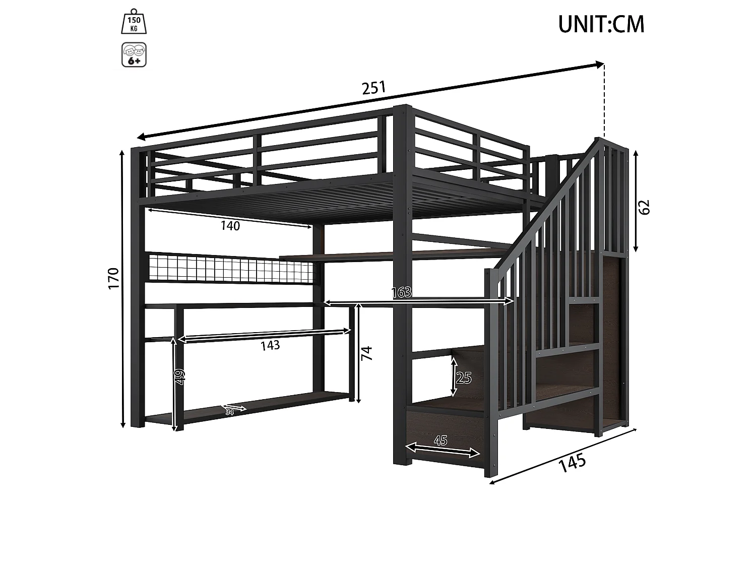 Lit mezzanine gaming en métal 140x200 avec éclairage LED - armoire - bureau et rangements - noir - 140 x 200 cm - Noir