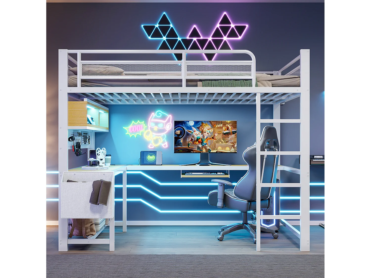 Lit mezzanine 140 x 200 cm avec bureau d'angle, rangements, LED, prises et ports USB - MDF et métal - Blanc (sans matelas)