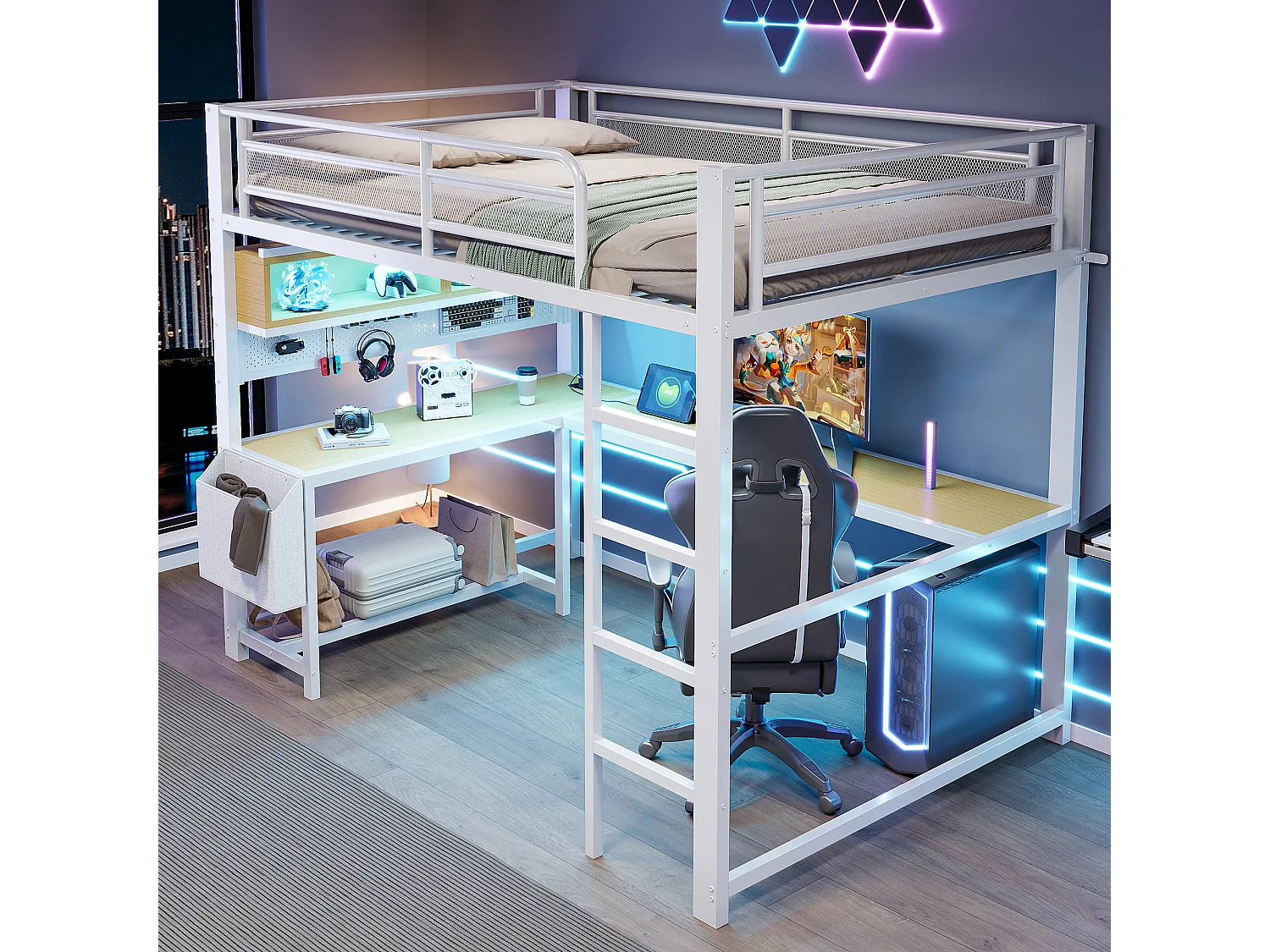 Lit mezzanine 140 x 200 cm avec bureau d'angle, rangements, LED, prises et ports USB - MDF et métal - Blanc (sans matelas)