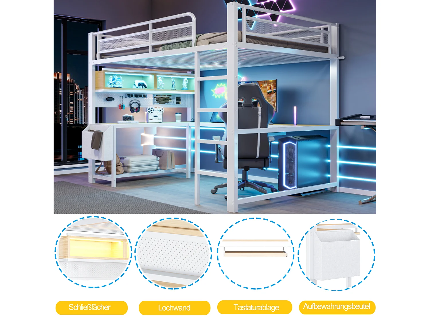 Lit mezzanine 140 x 200 cm avec bureau d'angle, rangements, LED, prises et ports USB - MDF et métal - Blanc (sans matelas)