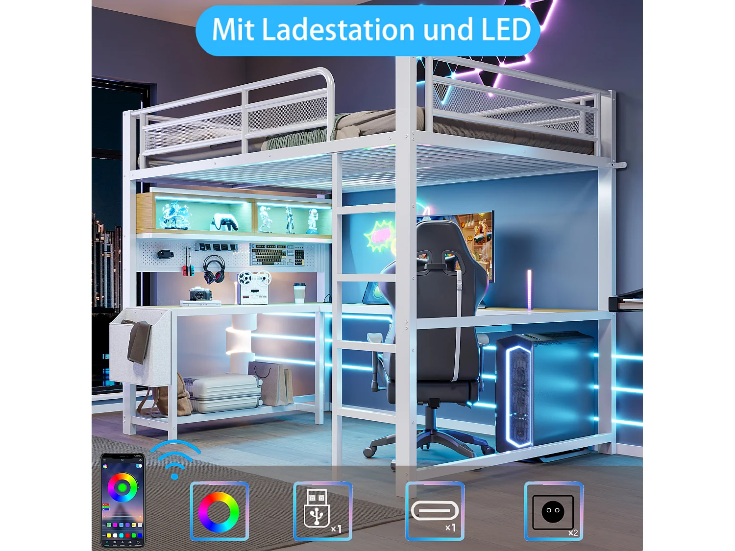 Lit mezzanine 140 x 200 cm avec bureau d'angle, rangements, LED, prises et ports USB - MDF et métal - Blanc (sans matelas)