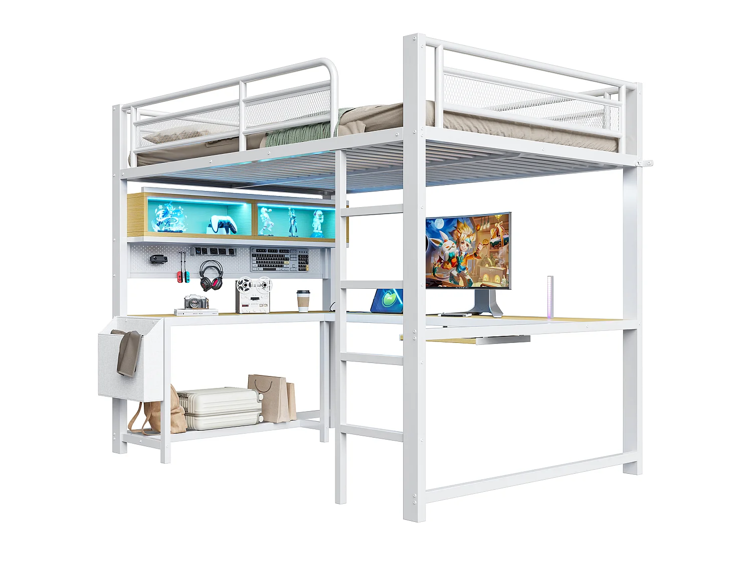Lit mezzanine 140 x 200 cm avec bureau d'angle, rangements, LED, prises et ports USB - MDF et métal - Blanc (sans matelas)