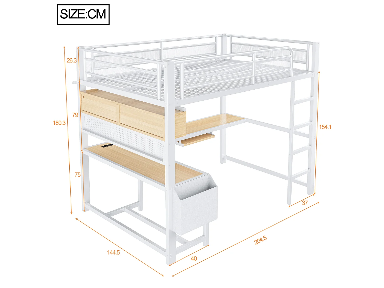 Lit mezzanine 140 x 200 cm avec bureau d'angle, rangements, LED, prises et ports USB - MDF et métal - Blanc (sans matelas)