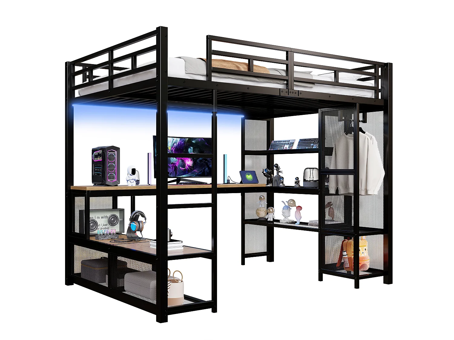Metall-Hochbett 140 x 200 cm mit Stauraum – offener Kleiderschrank – USB-Anschluss und LED-Beleuchtung – schwarz