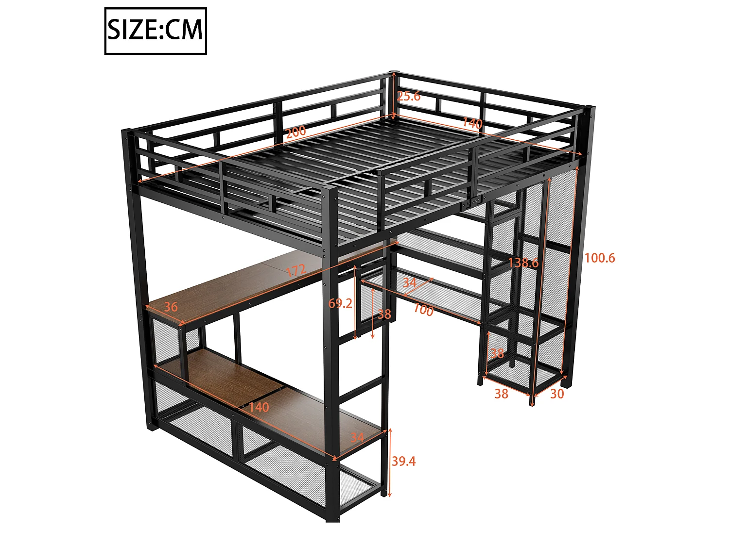 Metall-Hochbett 140 x 200 cm mit Stauraum – offener Kleiderschrank – USB-Anschluss und LED-Beleuchtung – schwarz