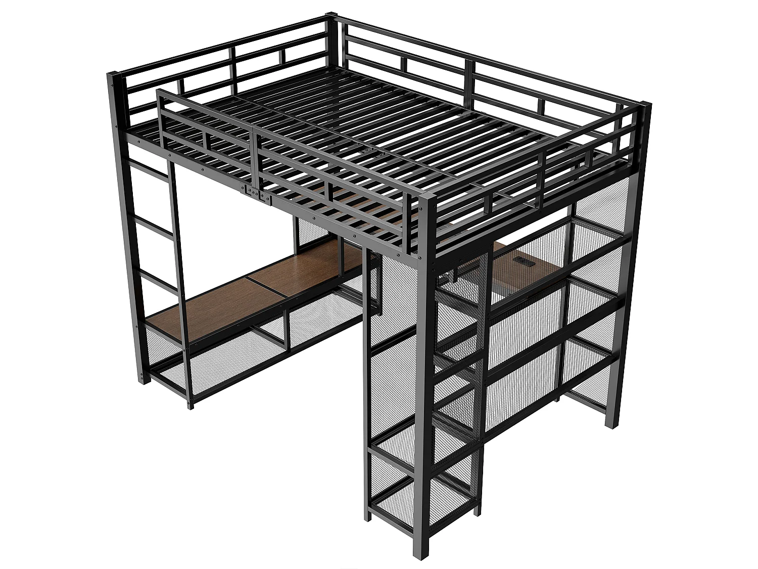 Metall-Hochbett 140 x 200 cm mit Stauraum – offener Kleiderschrank – USB-Anschluss und LED-Beleuchtung – schwarz
