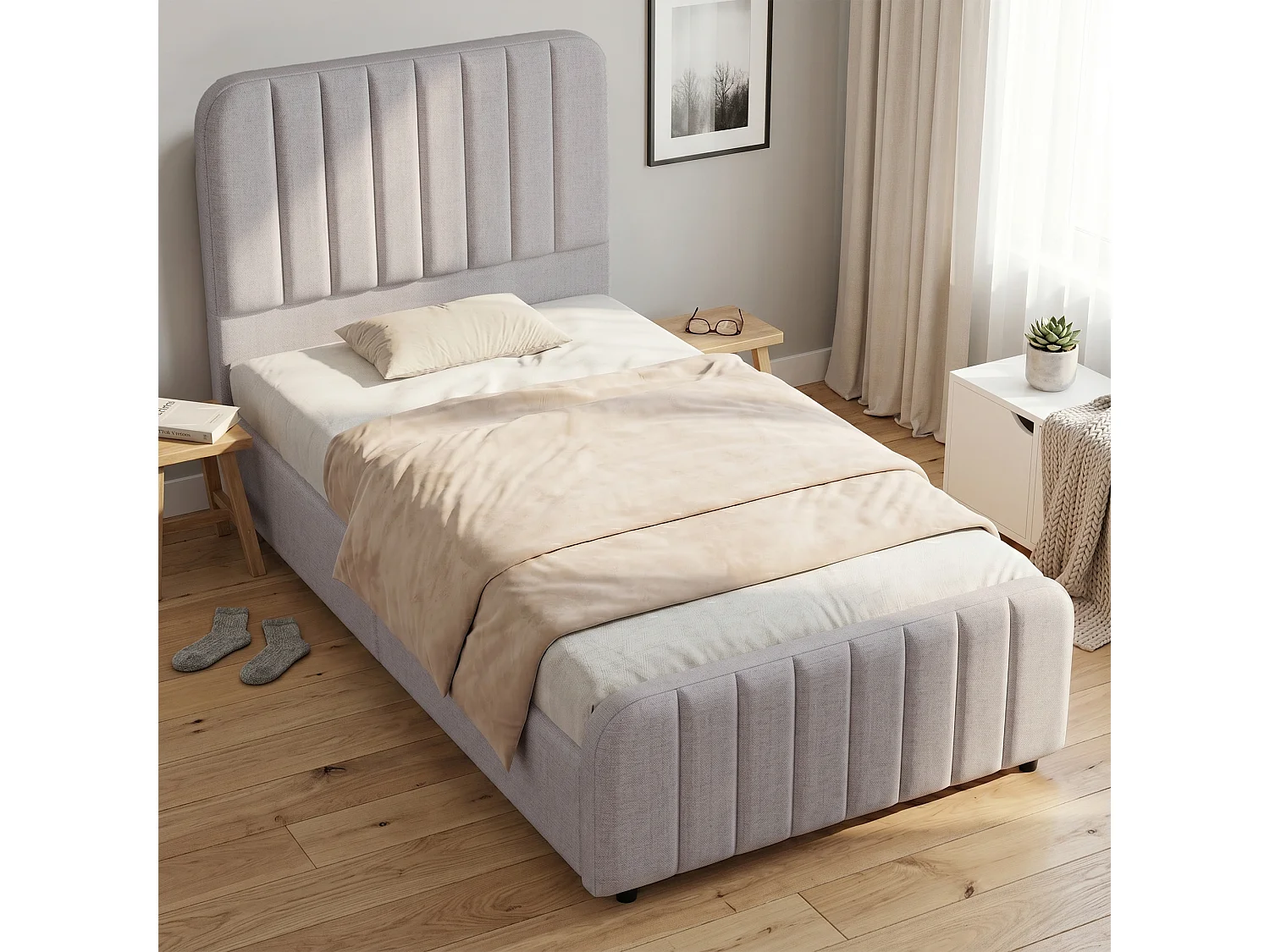 Gestoffeerd kinderbed 90 x 200 cm met wolkvormig hoofdeinde en afgeronde hoeken - Linnen - Grijs (Matras niet inbegrepen)