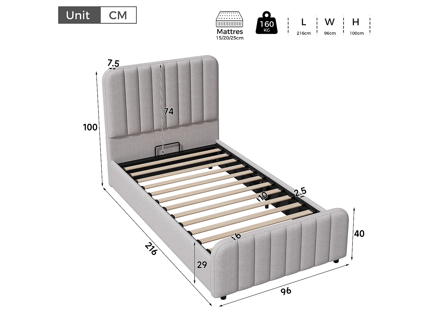 Gestoffeerd kinderbed 90 x 200 cm met wolkvormig hoofdeinde en afgeronde hoeken - Linnen - Grijs (Matras niet inbegrepen)