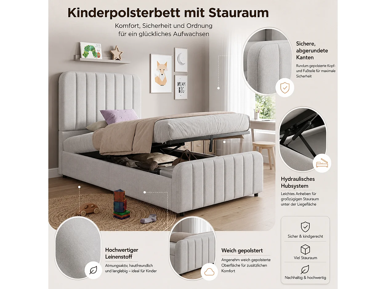Gestoffeerd kinderbed 90 x 200 cm met wolkvormig hoofdeinde en afgeronde hoeken - Linnen - Grijs (Matras niet inbegrepen)