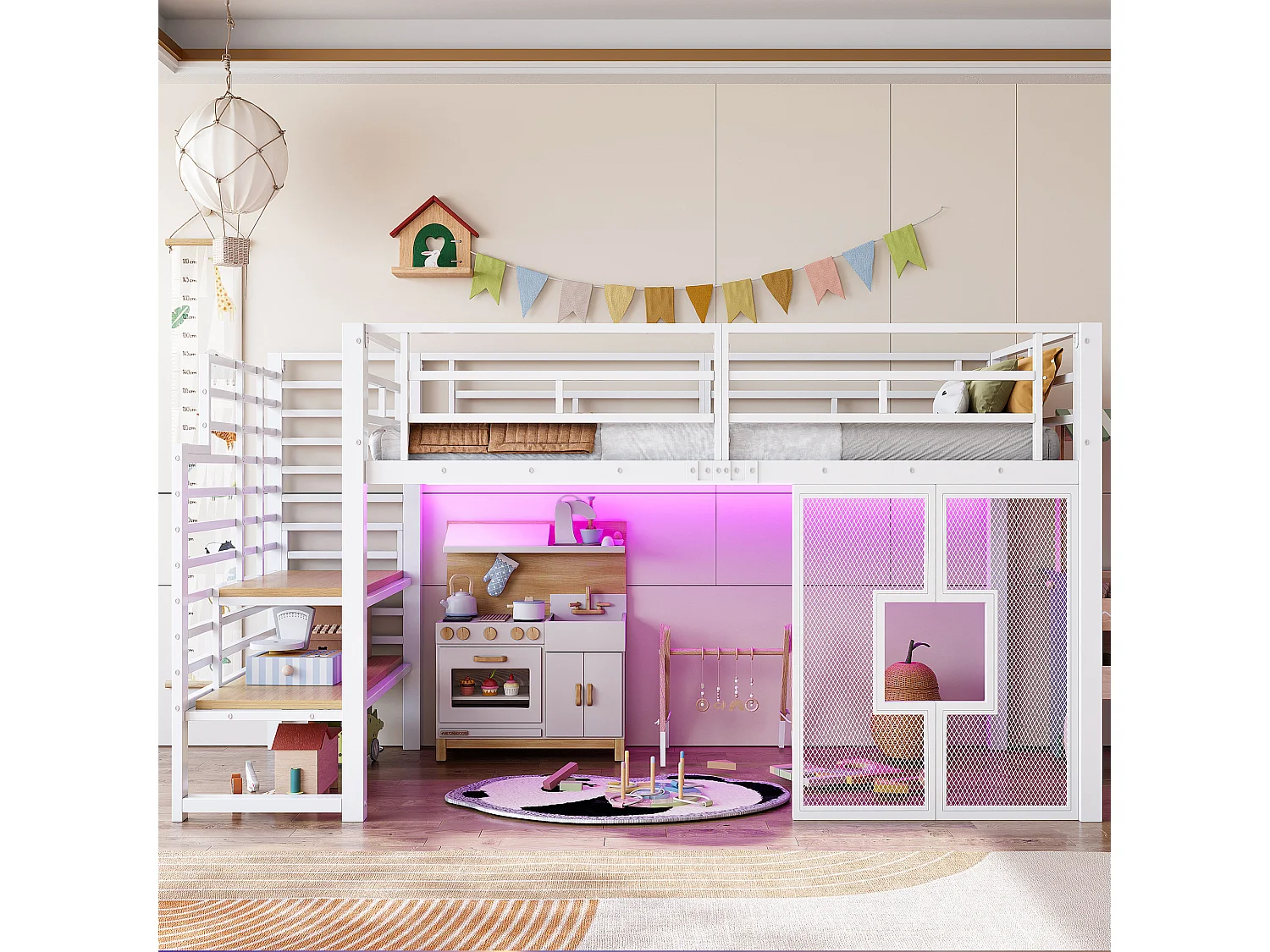 Lit mezzanine en métal blanc 90 x 200 cm avec escalier - espace de rangement - éclairage LED et fenêtres. - Blanc