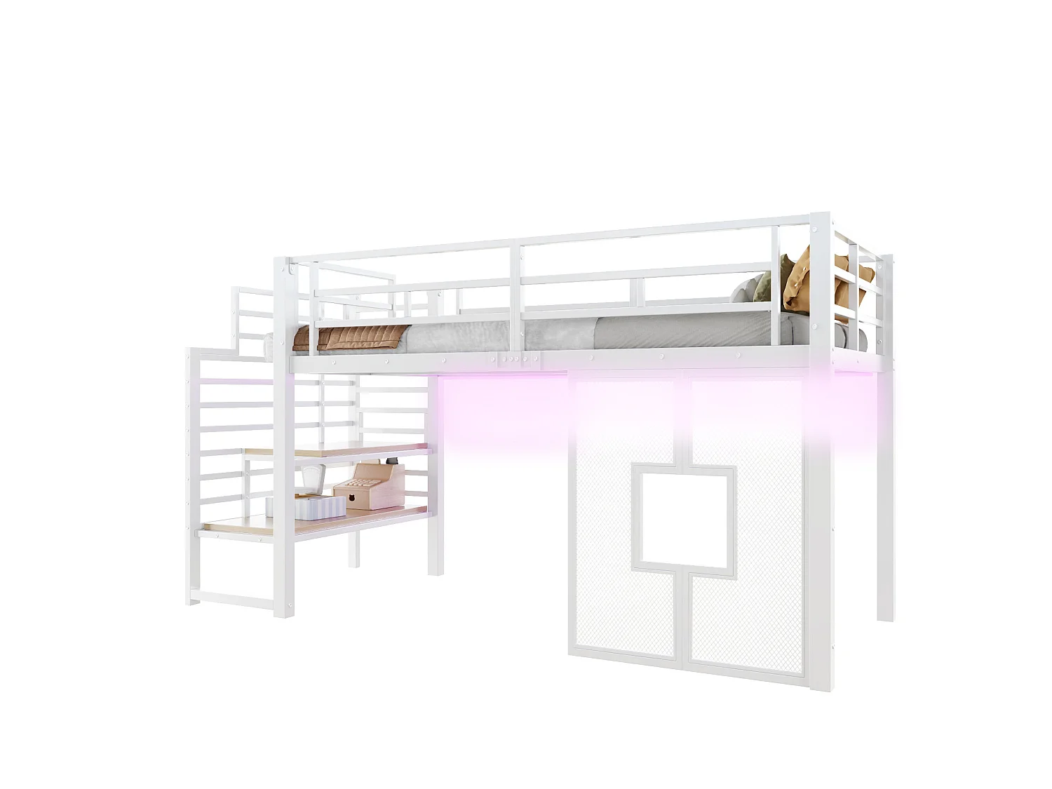 Lit mezzanine en métal blanc 90 x 200 cm avec escalier - espace de rangement - éclairage LED et fenêtres. - Blanc