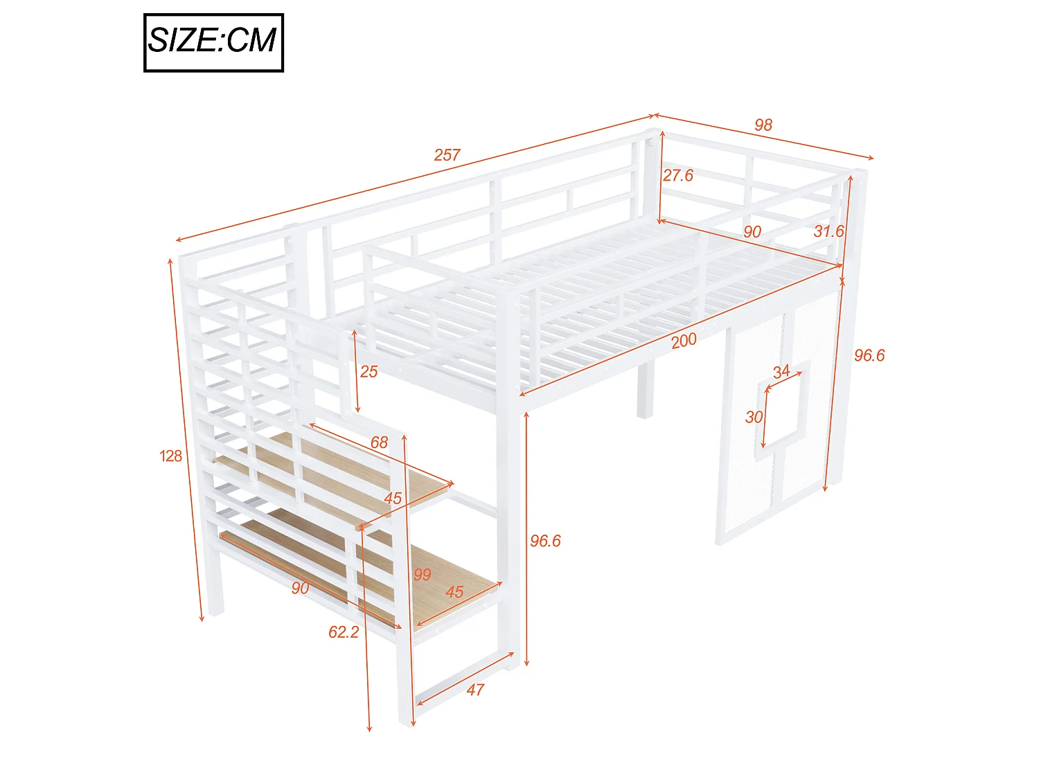 Lit mezzanine en métal blanc 90 x 200 cm avec escalier - espace de rangement - éclairage LED et fenêtres. - Blanc