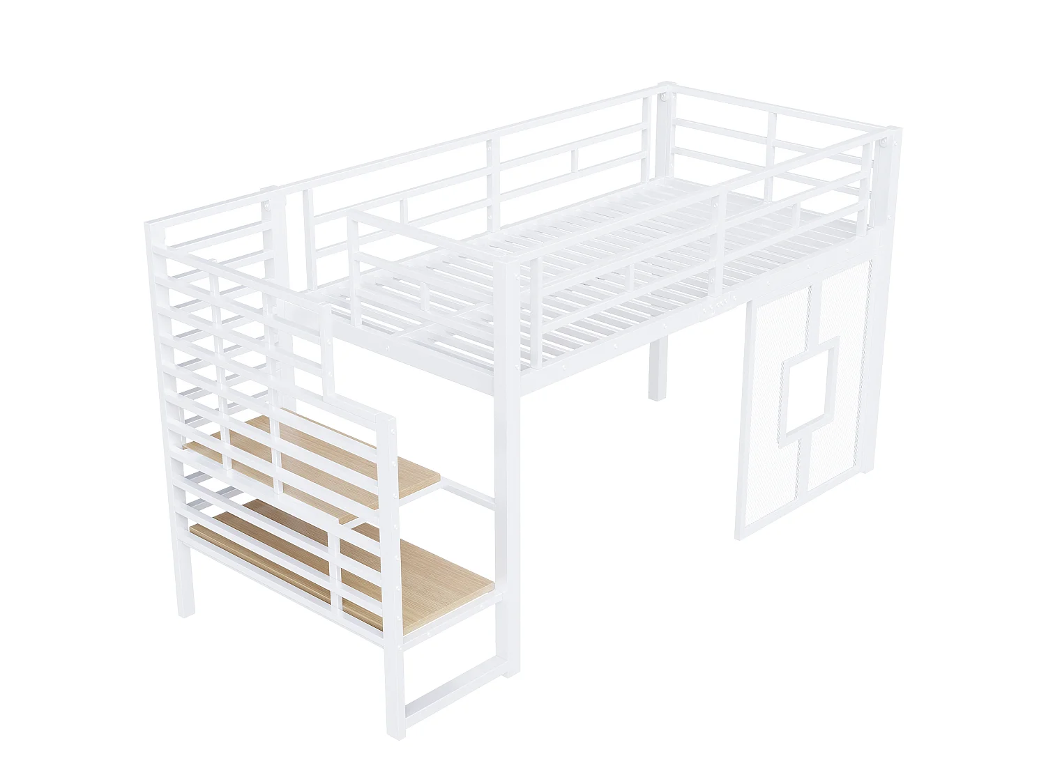 Lit mezzanine en métal blanc 90 x 200 cm avec escalier - espace de rangement - éclairage LED et fenêtres. - Blanc