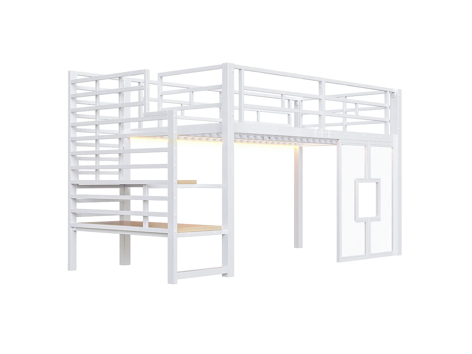 Lit mezzanine en métal blanc 90 x 200 cm avec escalier - espace de rangement - éclairage LED et fenêtres. - Blanc