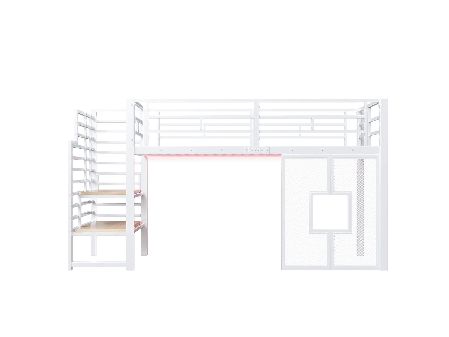 Lit mezzanine en métal blanc 90 x 200 cm avec escalier - espace de rangement - éclairage LED et fenêtres. - Blanc