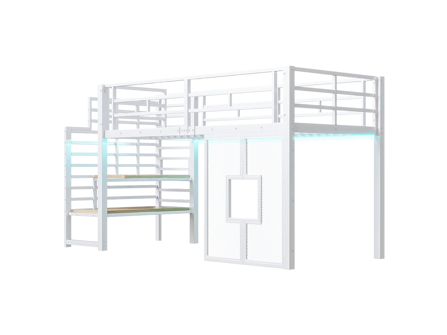 Lit mezzanine en métal blanc 90 x 200 cm avec escalier - espace de rangement - éclairage LED et fenêtres. - Blanc