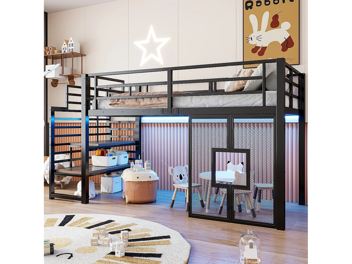 Lit mezzanine en métal 90 x 200 cm avec escalier - espace de rangement - éclairage LED et fenêtres - noir - Noir