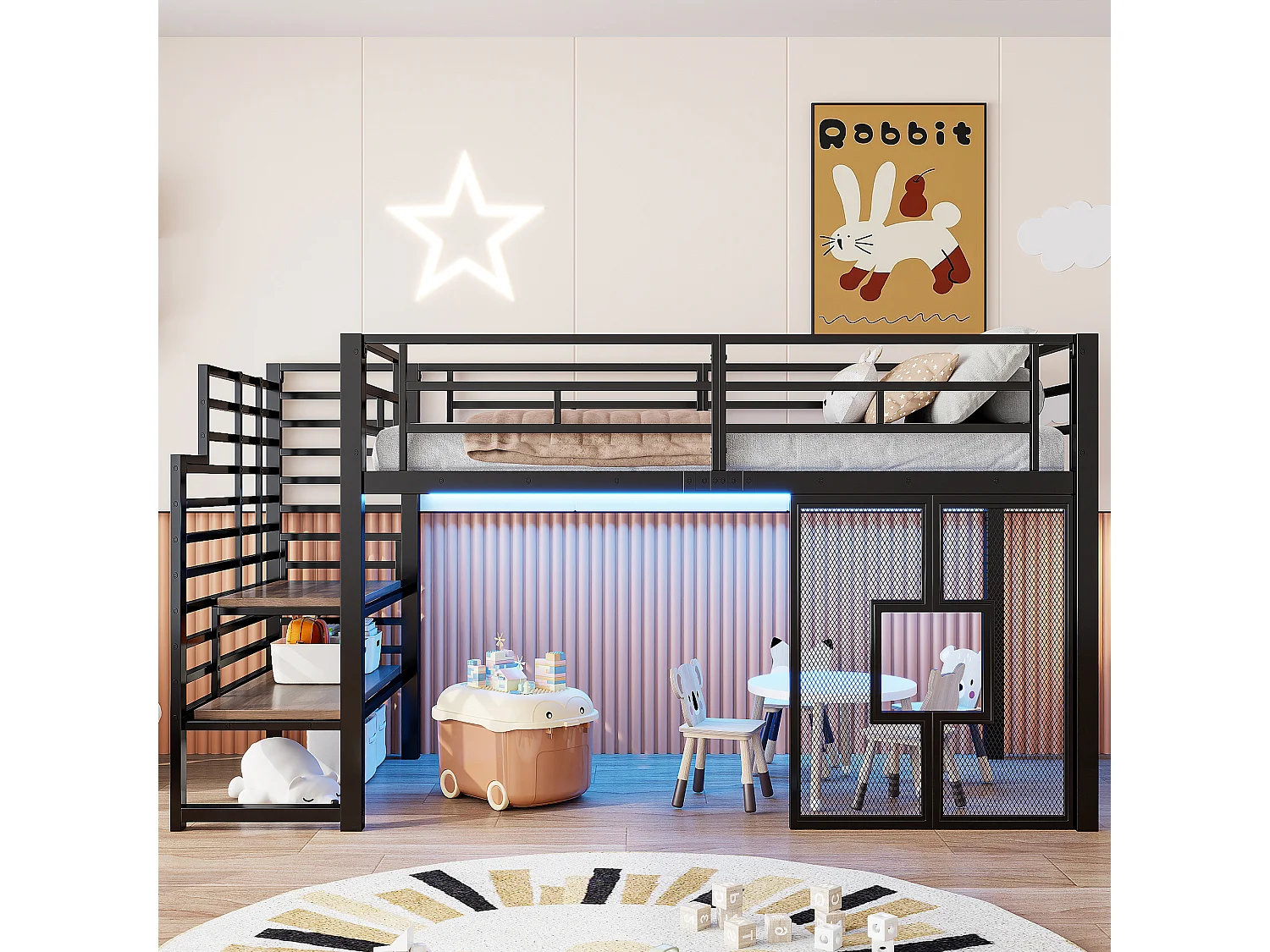 Lit mezzanine en métal 90 x 200 cm avec escalier - espace de rangement - éclairage LED et fenêtres - noir - Noir
