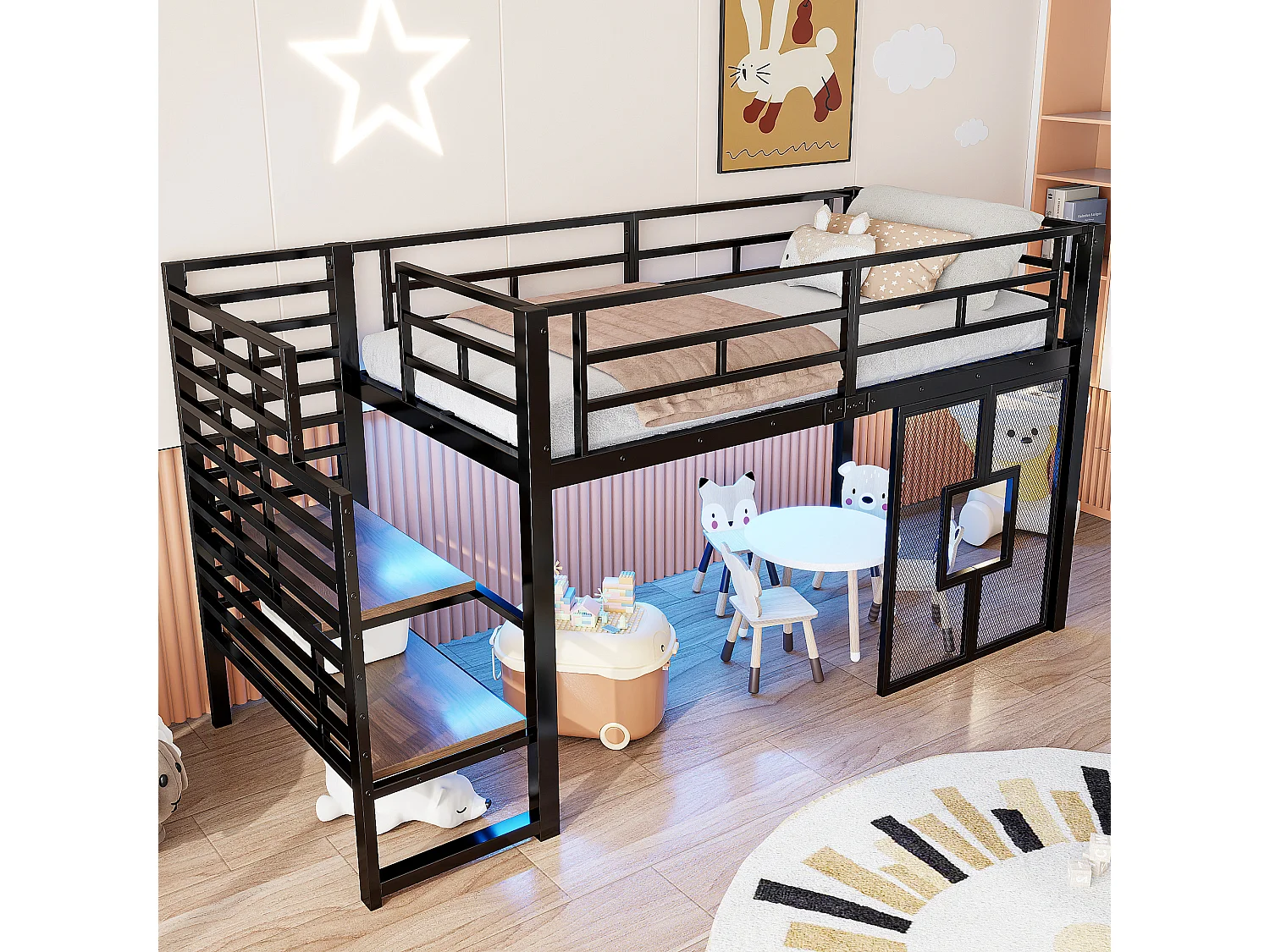 Lit mezzanine en métal 90 x 200 cm avec escalier - espace de rangement - éclairage LED et fenêtres - noir - Noir