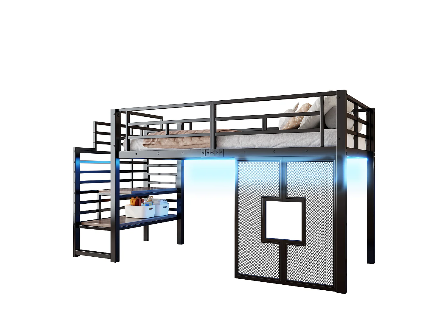 Lit mezzanine en métal 90 x 200 cm avec escalier - espace de rangement - éclairage LED et fenêtres - noir - Noir