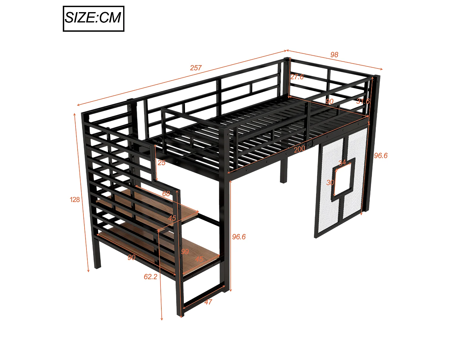 Lit mezzanine en métal 90 x 200 cm avec escalier - espace de rangement - éclairage LED et fenêtres - noir - Noir