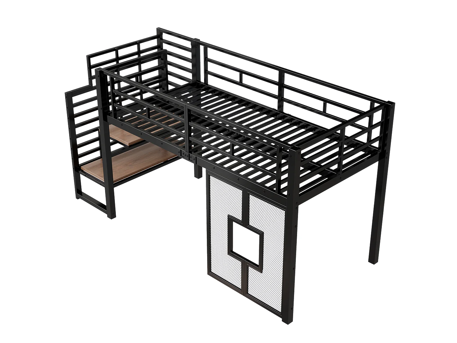 Lit mezzanine en métal 90 x 200 cm avec escalier - espace de rangement - éclairage LED et fenêtres - noir - Noir