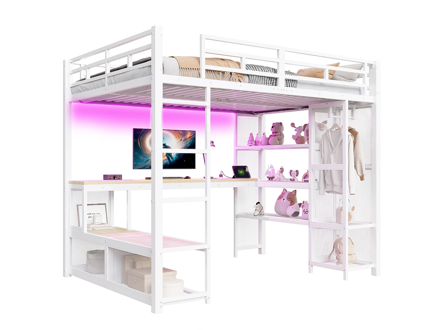 Metal loftseng 140 x 200 cm med opbevaringsplads - åben garderobe - USB-port og LED-belysning - hvid - Hvid