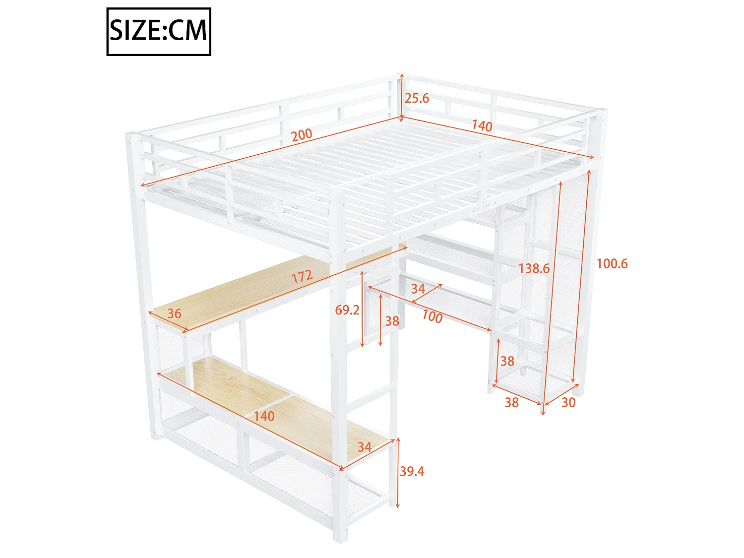 Metal loftseng 140 x 200 cm med opbevaringsplads - åben garderobe - USB-port og LED-belysning - hvid - Hvid