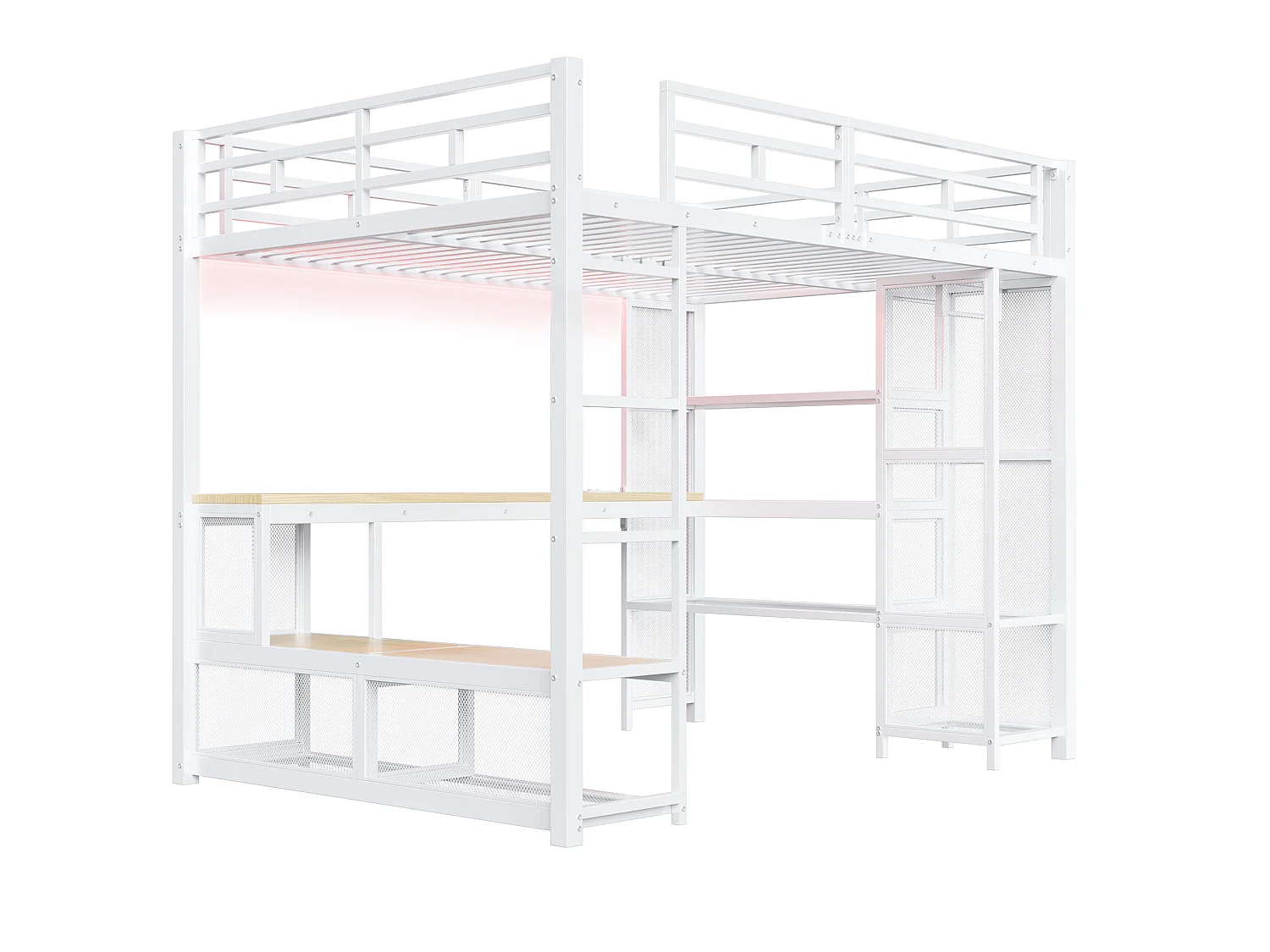 Metal loftseng 140 x 200 cm med opbevaringsplads - åben garderobe - USB-port og LED-belysning - hvid - Hvid