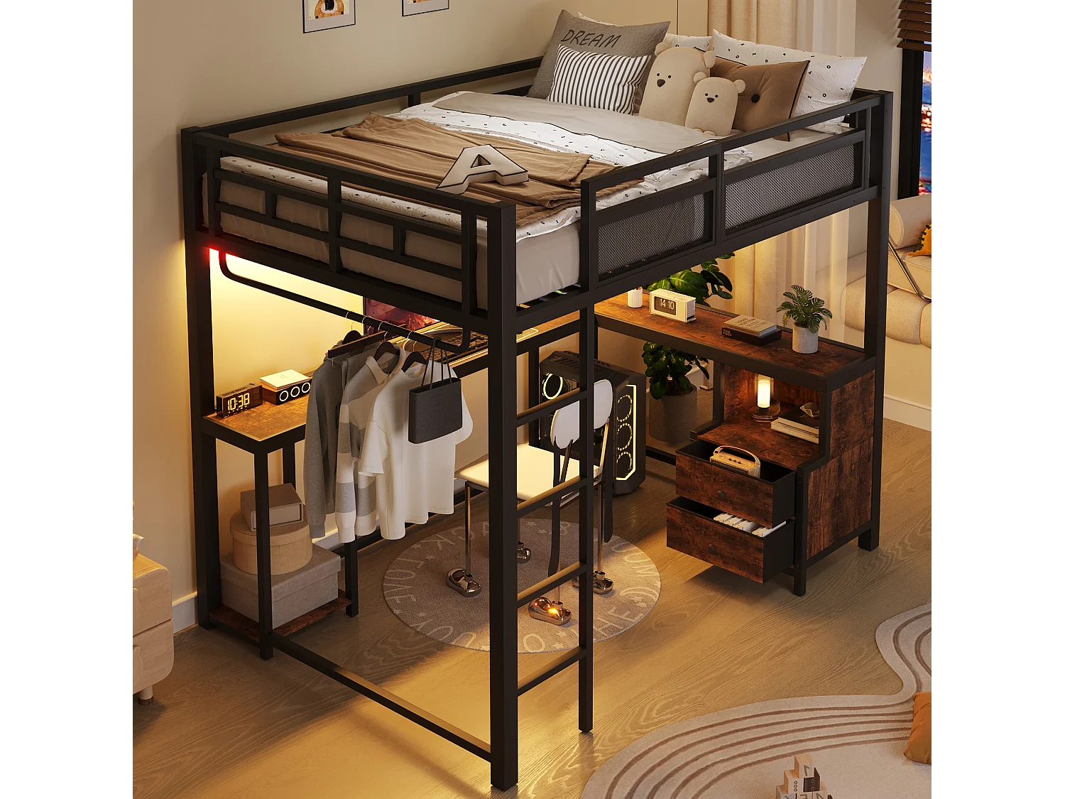Lit mezzanine 140 x 200 cm avec bureau, penderie, 2 tiroirs, rangements, LED et ports USB - Métal - Noir (sans matelas)