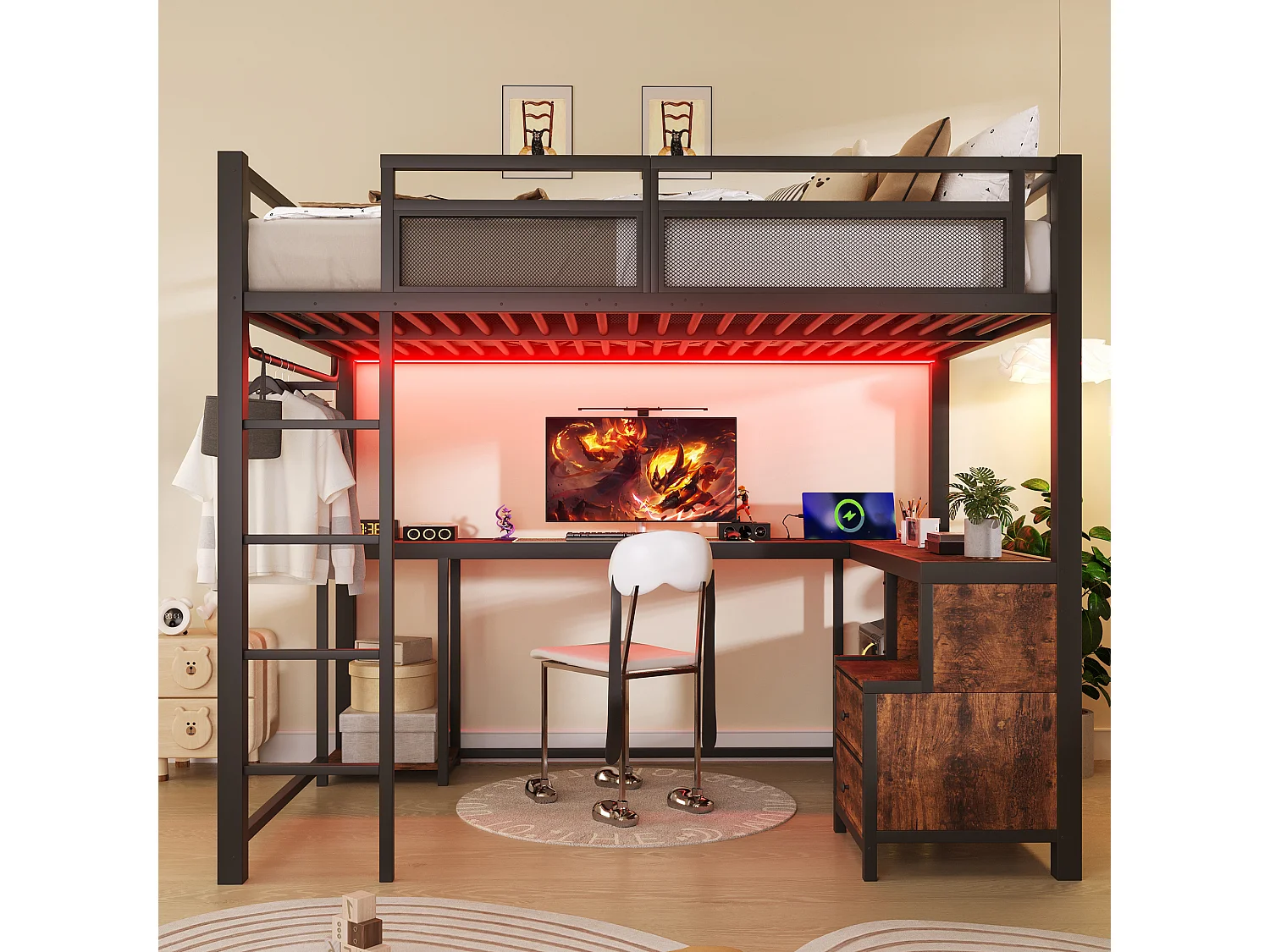 Lit mezzanine 140 x 200 cm avec bureau, penderie, 2 tiroirs, rangements, LED et ports USB - Métal - Noir (sans matelas)