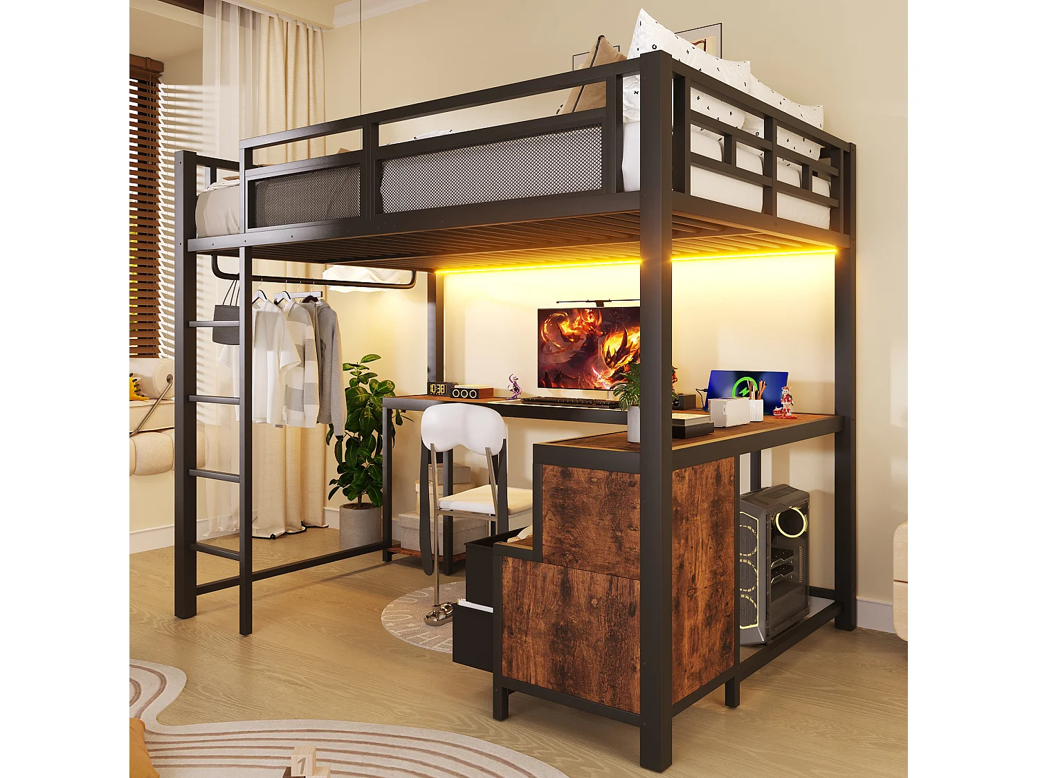 Lit mezzanine 140 x 200 cm avec bureau, penderie, 2 tiroirs, rangements, LED et ports USB - Métal - Noir (sans matelas)
