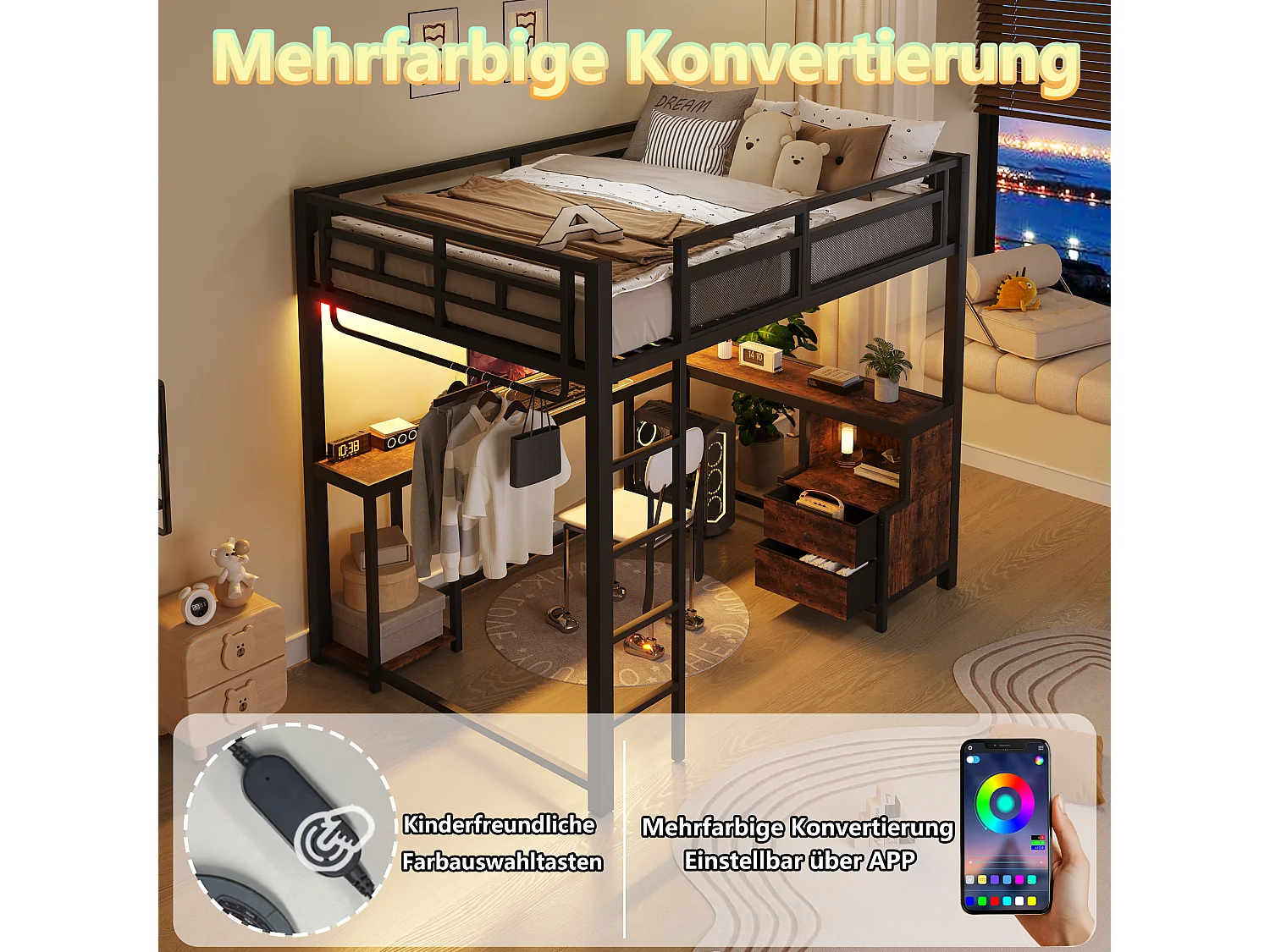 Lit mezzanine 140 x 200 cm avec bureau, penderie, 2 tiroirs, rangements, LED et ports USB - Métal - Noir (sans matelas)