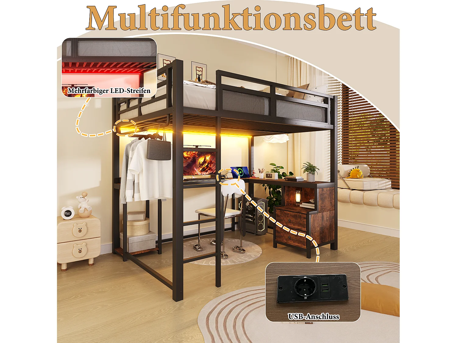 Lit mezzanine 140 x 200 cm avec bureau, penderie, 2 tiroirs, rangements, LED et ports USB - Métal - Noir (sans matelas)