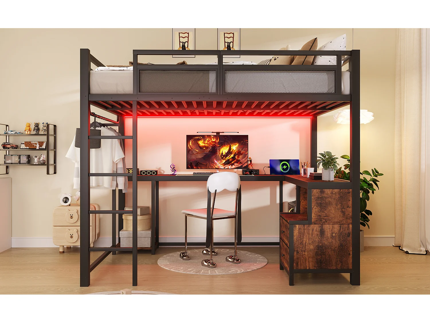 Lit mezzanine 140 x 200 cm avec bureau, penderie, 2 tiroirs, rangements, LED et ports USB - Métal - Noir (sans matelas)