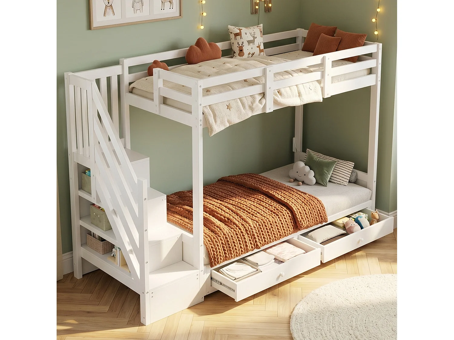 Loft bed 90 x 200 cm with convertible sofa and 2 drawers - Solid wood and MDF - Ladder with storage - White (Mattress not included)