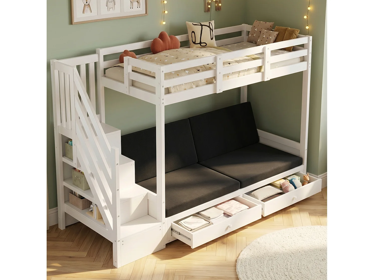 Loft bed 90 x 200 cm with convertible sofa and 2 drawers - Solid wood and MDF - Ladder with storage - White (Mattress not included)