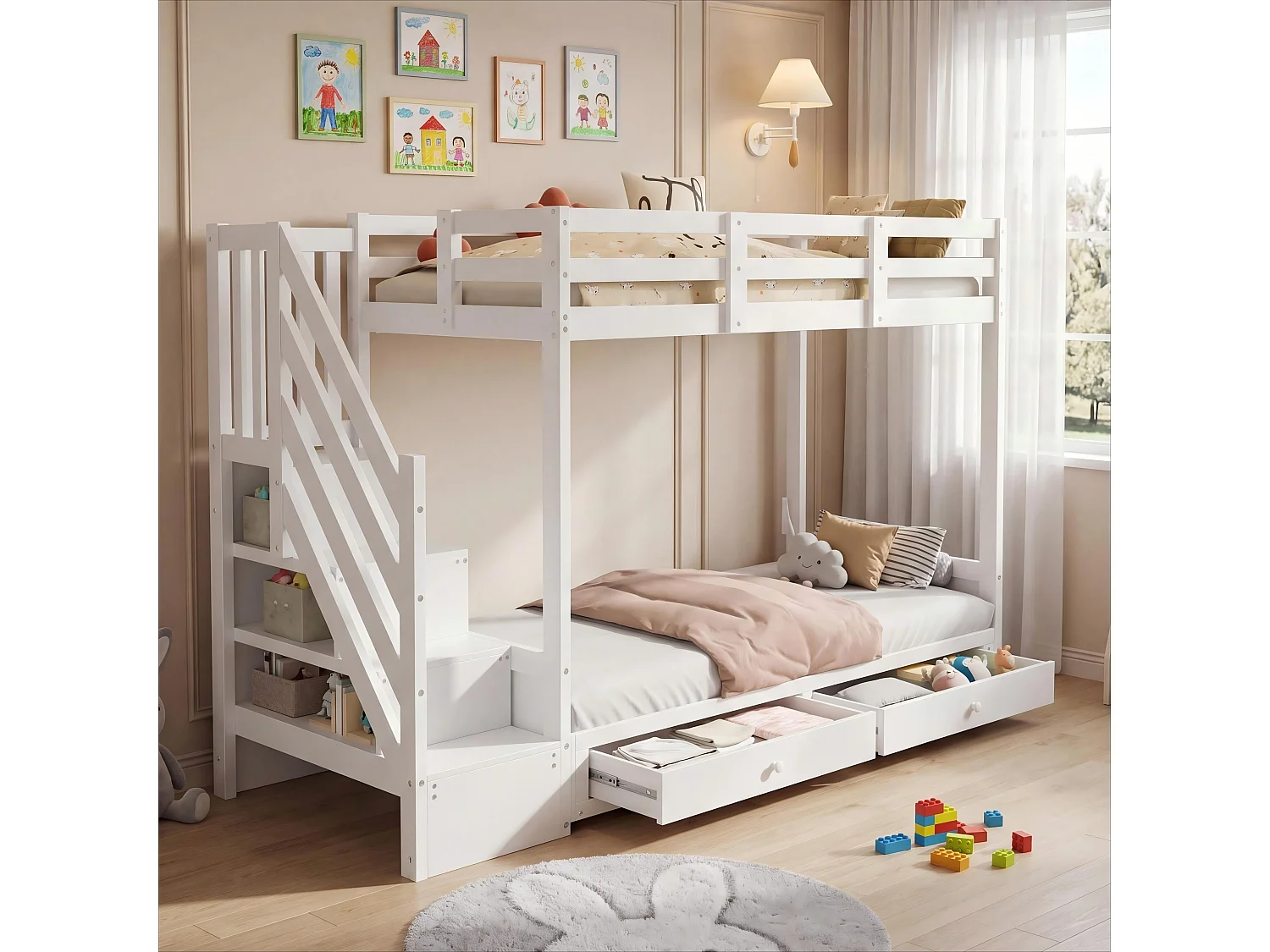 Loft bed 90 x 200 cm with convertible sofa and 2 drawers - Solid wood and MDF - Ladder with storage - White (Mattress not included)