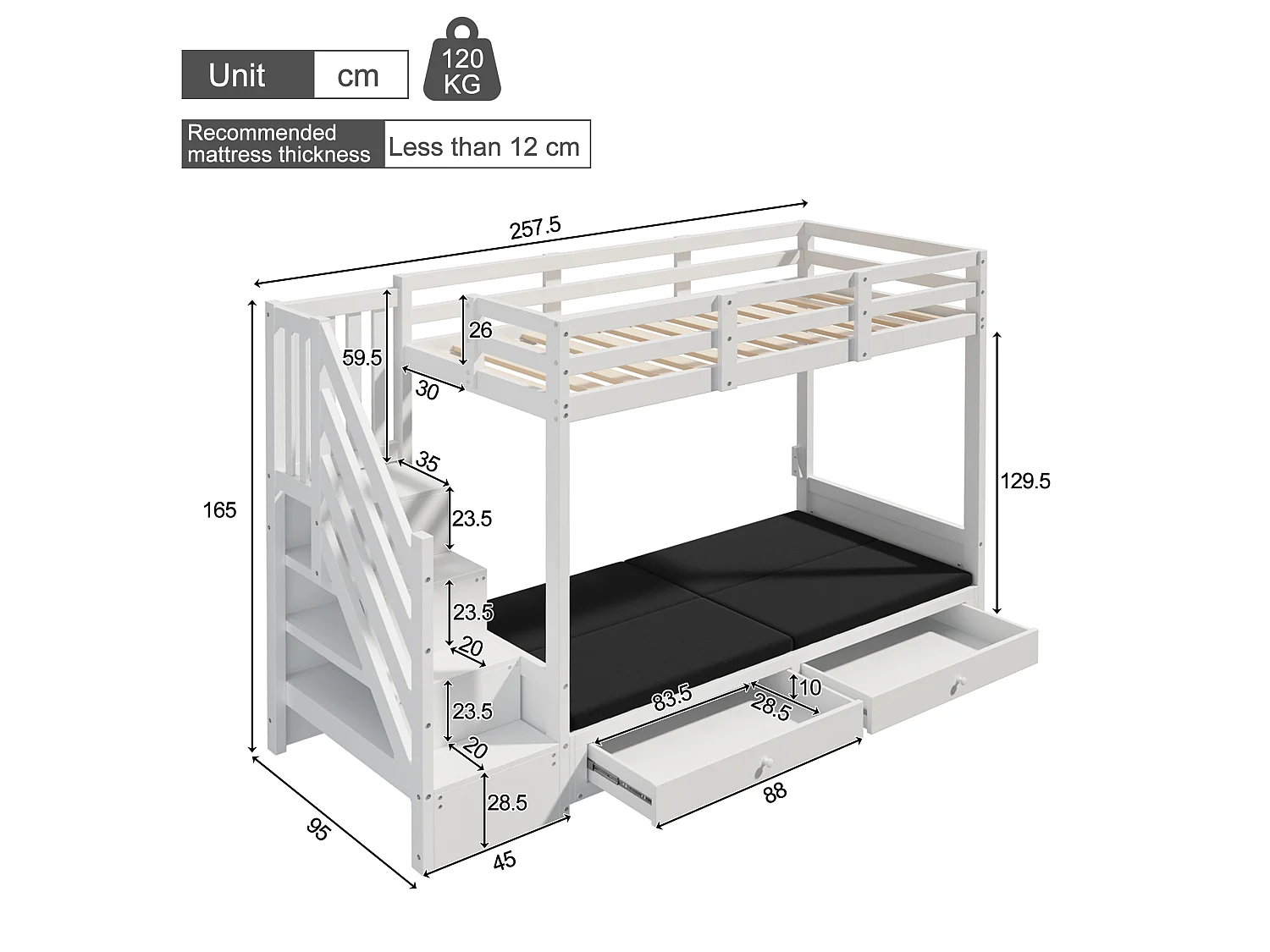 Loft bed 90 x 200 cm with convertible sofa and 2 drawers - Solid wood and MDF - Ladder with storage - White (Mattress not included)